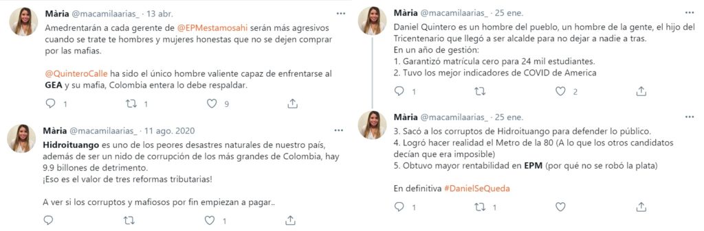 Estos son los mensajes de Arias en apoyo a Daniel Quintero.