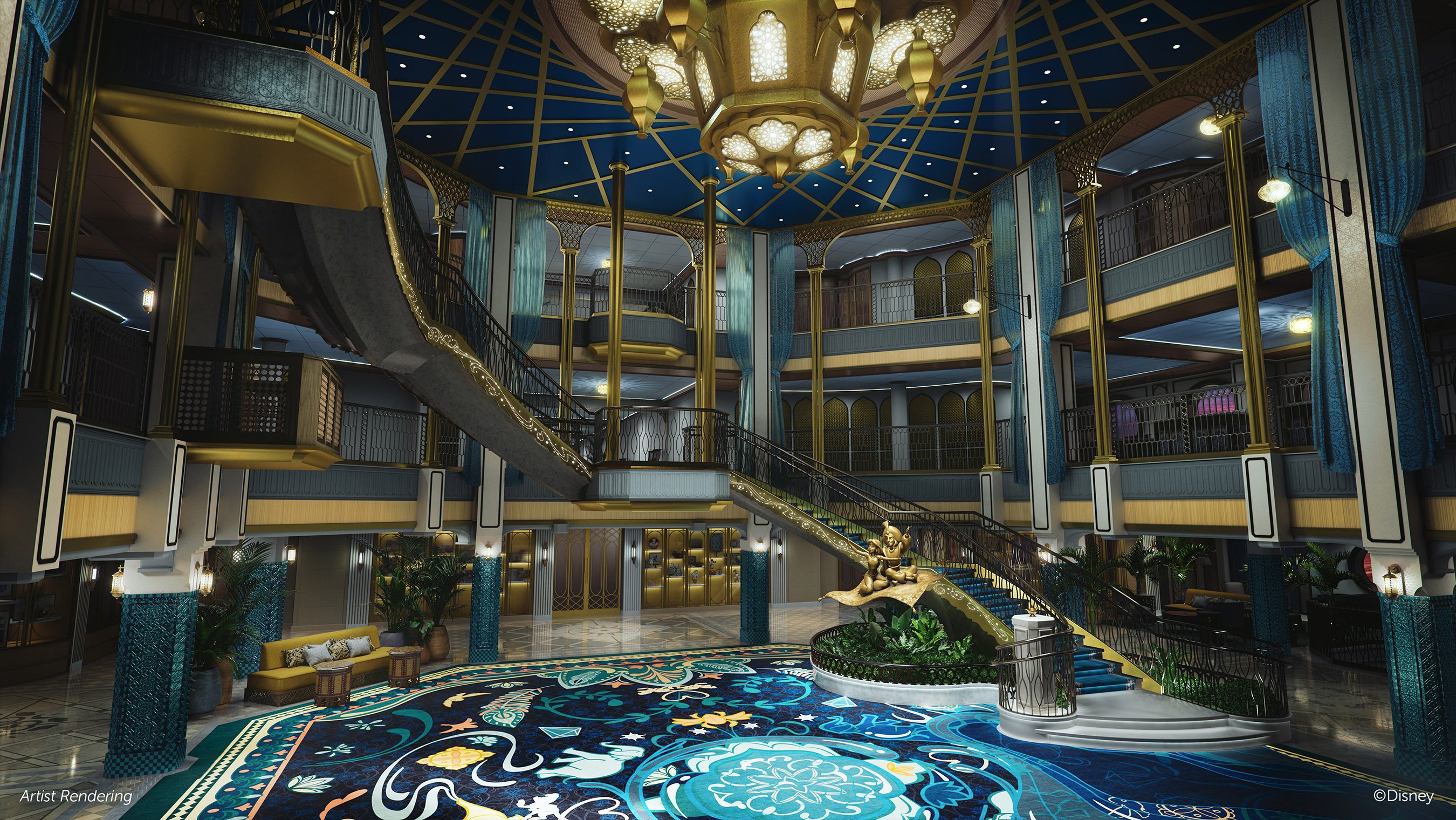 El Gran Salón del Tesoro de Disney, el barco más nuevo de Disney Cruise Line, está inspirado en el cuento clásico de Walt Disney Animation Studios, "Aladdín".