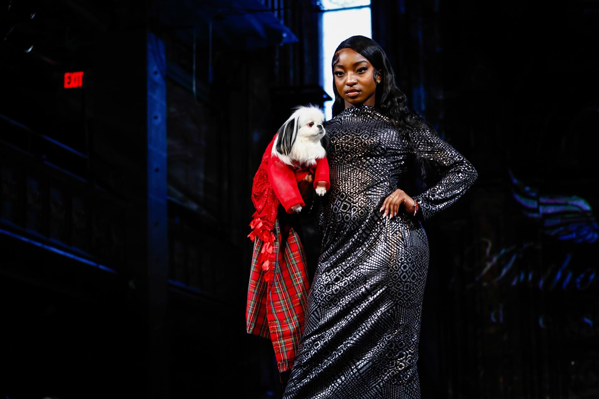 NEW YORK (United States), 15/02/2026.- A model with a dog present creations by designer Anthony Rubio during New York Fashion Week, in New York, New York, USA, 15 February 2026. (Moda, Nueva York) EFE/EPA/KENA BETANCUR