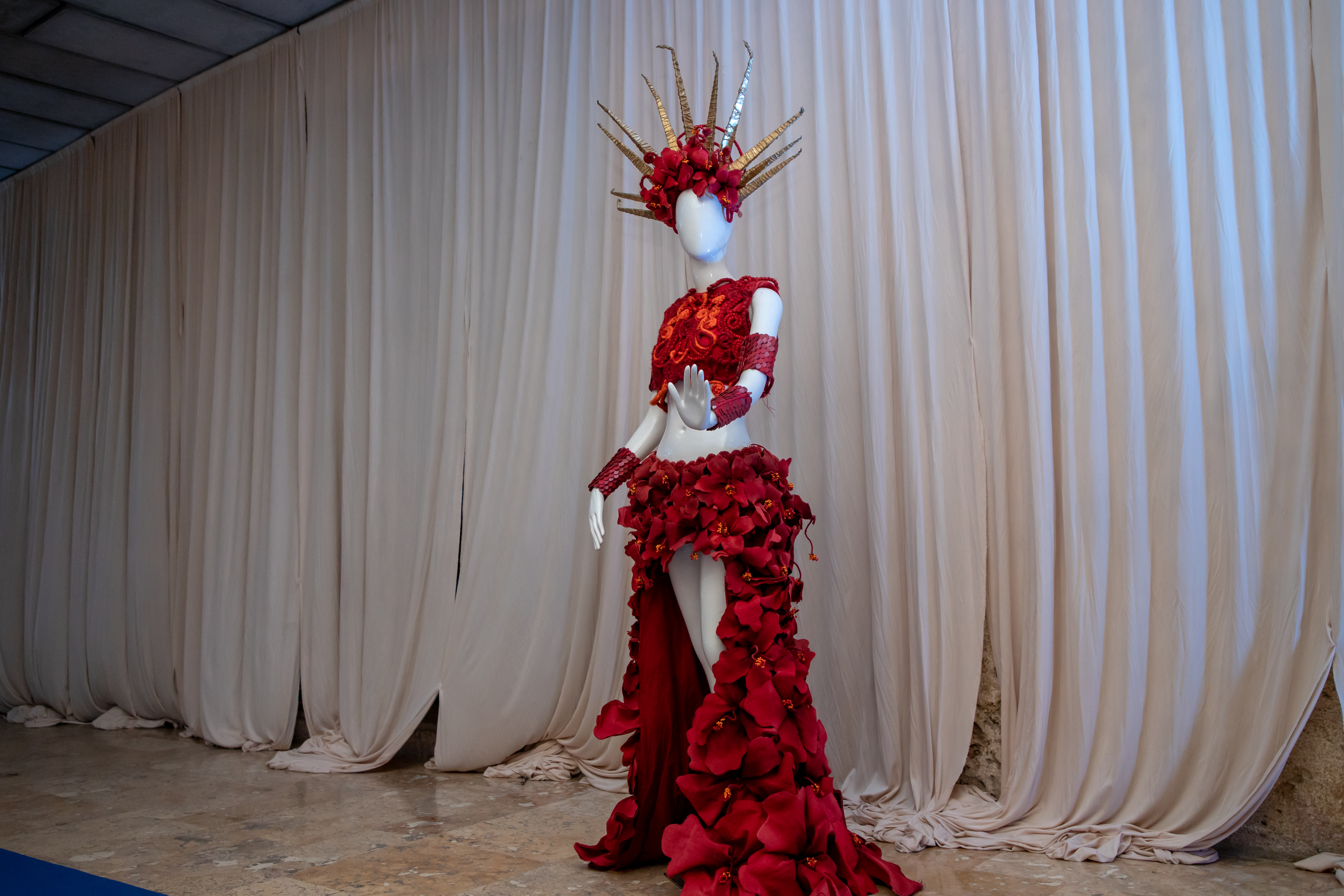 Traje elaborado en técnica de alambrismo simulando la filigrana. Técnica de ornamentación y parafernalia con flores representativas del carnaval, para Valeria Lafaurie SantoDomingo, señorita Región Caribe. 
Artesana: Luz Elis Córdoba Pallares
Diseñadoras: Yara Herrera Padilla, María José De La Espriella Duarte y Raquel Arias Urquijo.