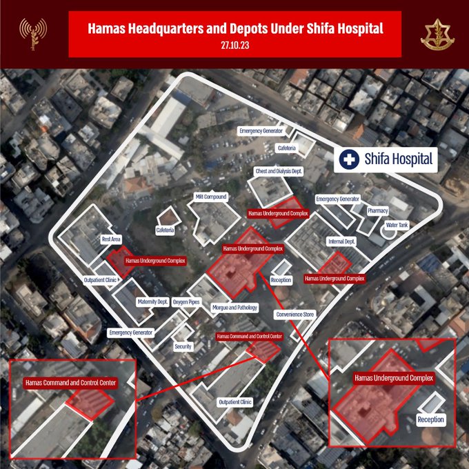 Las imágenes satelitales publicadas por la inteligencia israelí sobre la presunta presencia del grupo terrorista Hamás en el hospital Al Shifa.
