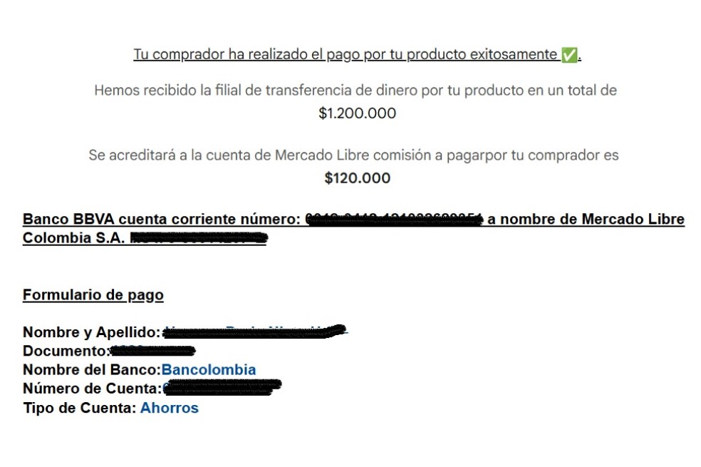 Pantallazo del correo que supuestamente confirmaba el pago realizado a través de Mercado Libre. Todo era falso.