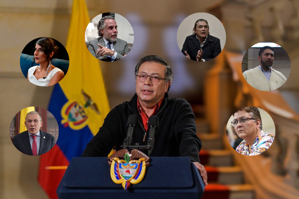 Entre los funcionarios del presidente Gustavo Petro (centro) están, de izquierda a derecha, Roy Barreras, Irene Vélez, Armando Benedetti, Gustavo Bolívar, César Pachón y Luz María Múnera.