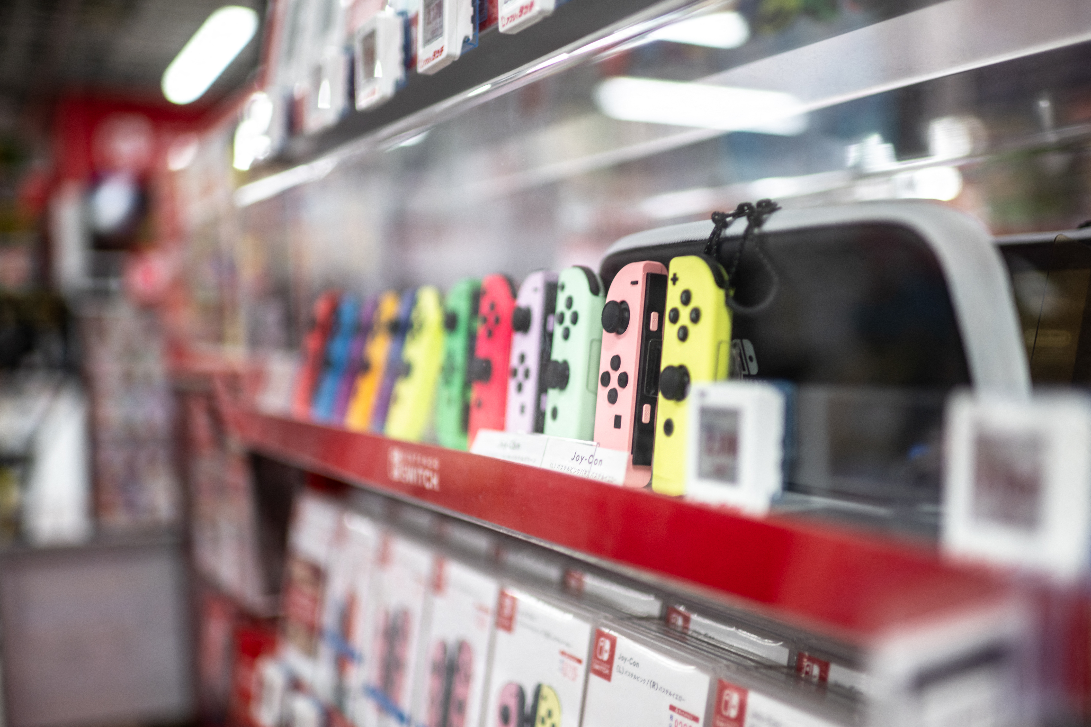 Joypad controllers for the Nintendo Switch are seen for sale in the gaming section of a shop in Tokyo on January 16, 2025.