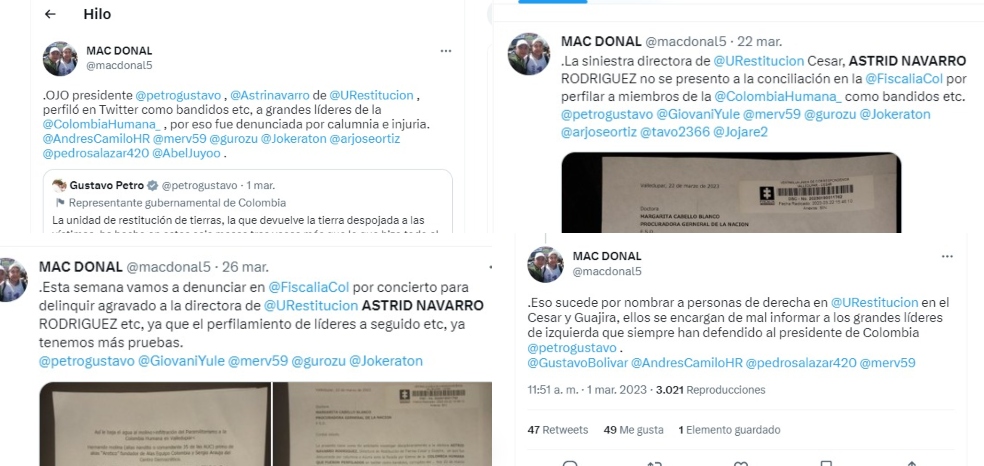 Trinos que Mac Donal Montero ha replicado decenas de veces durante las últimas semanas en contra de Astrid Navarro.