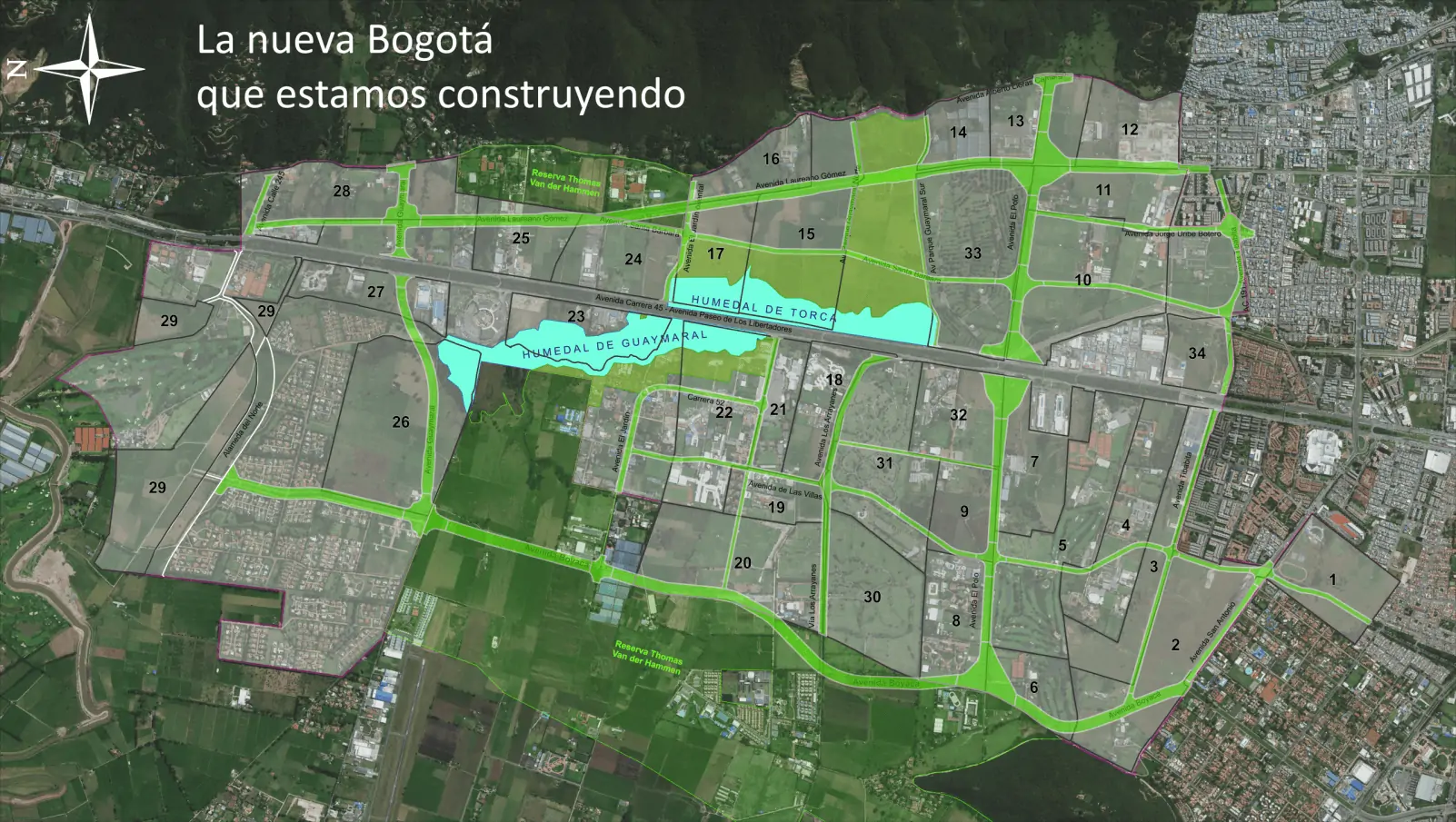 Proyecto de Lagos de Torca. En verde, las avenidas principales. Al costado inferior, el trazado de la futura av. Boyacá.