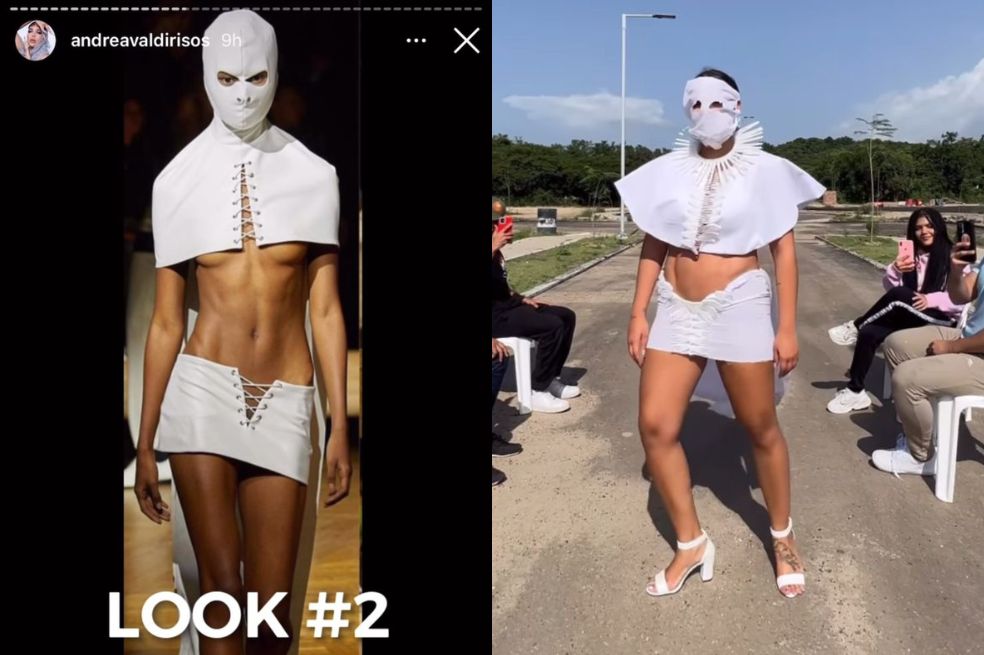 Andrea Valdiri se arriesgó a imitar las prendas más famosas y extravagantes de la moda, pero con material reciclable.