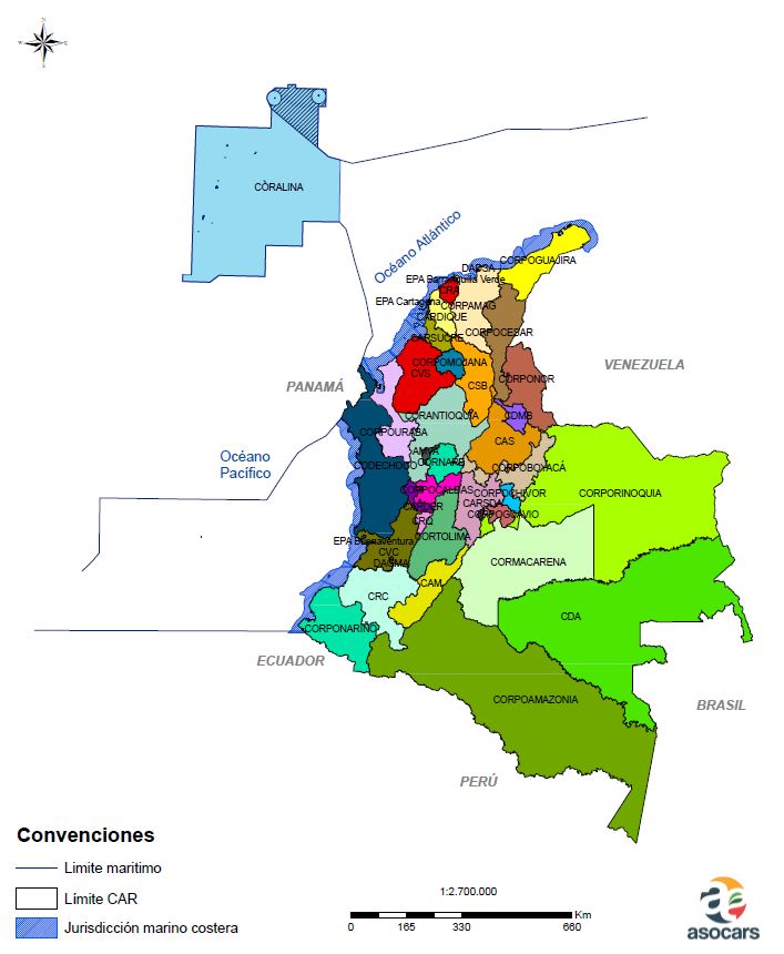 Colombia cuenta con 33 Corporaciones Autónomas Regionales, de las cuales siete son de Desarrollo Sostenible, por estar asociadas a ecosistemas de la mayor importancia para el país (Codechocó, Coralina, Corpomojana, Cormacarena, Corpoamazonía, Corpourabá, y CDA).
