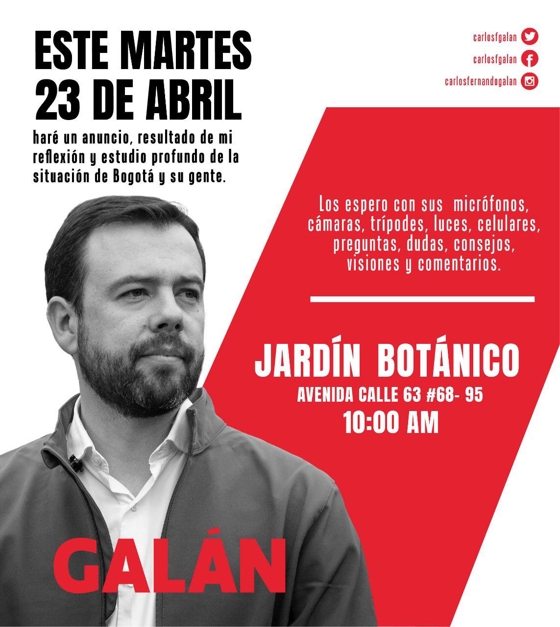 Empezando el mes los hijos del líder político liberal Luis Carlos Galán han dado indicios de la intención de Carlos Fernando Galán de ampliar el abanico de candidatos a la Alcaldía de Bogotá. (Le puede interesar:Sigue tomando fuerza la aspiración de Carlos Fernando Galán a la Alcaldía de Bogotá)