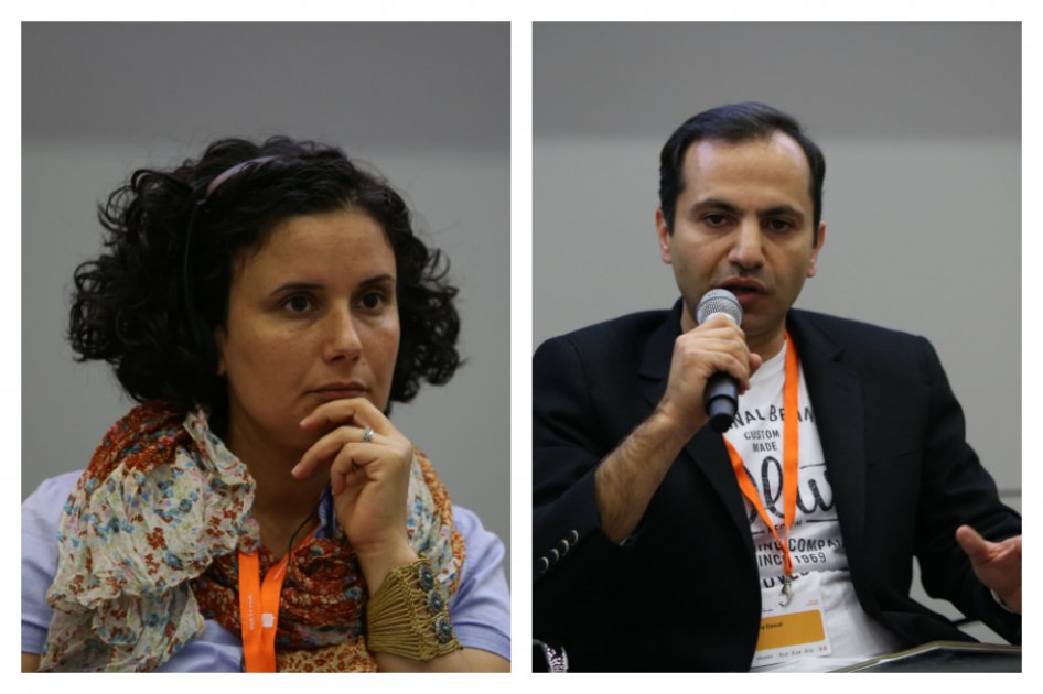 La escritora Kefah Ali Deeb y el cineasta Danny Daoud  durante una conferencia en Bonn (Alemania). / Cortesía - Deutsche Welle
