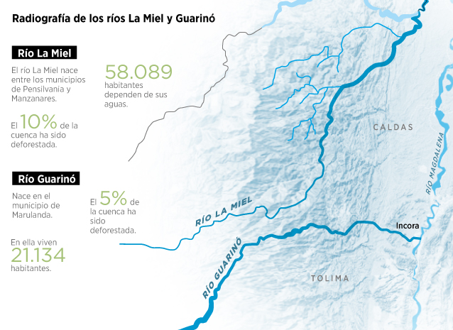 Mayor gobernanza para los ríos de CaldasCuencas CaldasEl EspectadorLa deforestación, la sequía y la falta de normas tienen en jaque a dos de las cuencas más importantes de Caldas. El 10 % del área del río La Miel fue talada y el cambio del uso del suelo es la principal causa. Esta situación tiene en vilo a los 58.000 habitantes que dependen de sus aguas y a las hidroeléctricas que funcionan en el embalse Amaní. (Le puede interesar:Los males que tienen agonizando a los ríos La Miel y Guarinó, en Caldas)