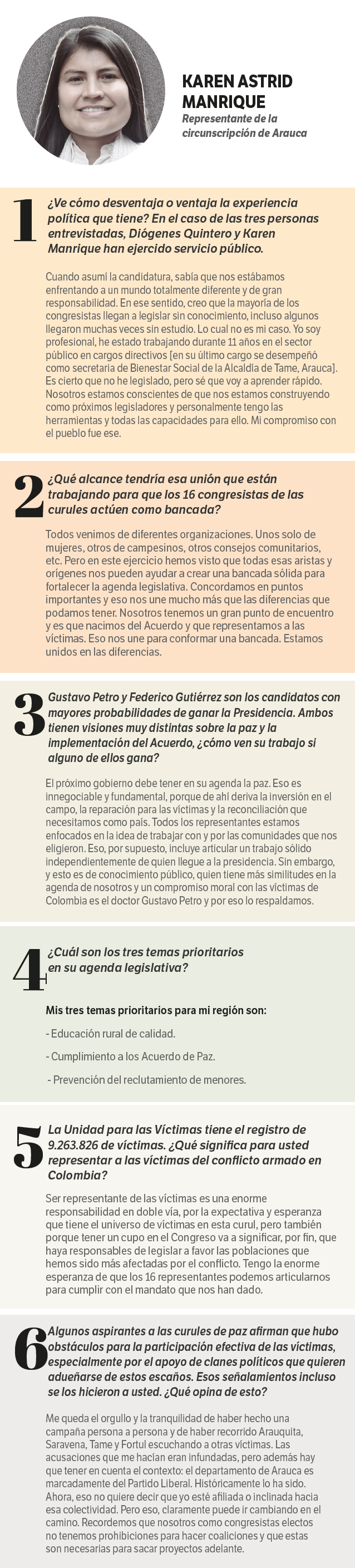 Karen Manrique, representante de la circunscripción de Arauca, respondió preguntas sobre la llegada del nuevo gobierno, los puntos de su agenda legislativa para impulsar las necesidades de las víctimas y algunos señalamientos que les hicieron a sus campañas, entre otras.
