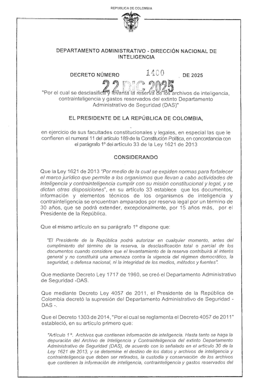 Decreto 1400 del 22 de diciembre de 2025, primera página.