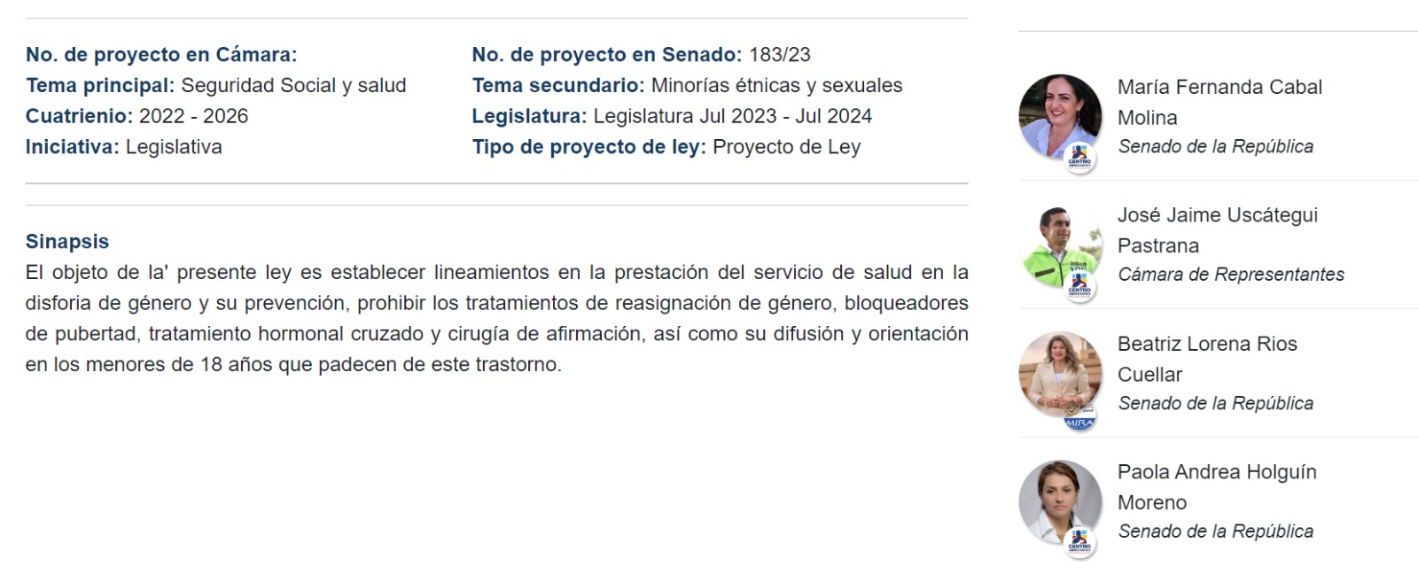 Los proyectos de la bancada cristiana han sido apoyados en sectores como el Centro Democrático.