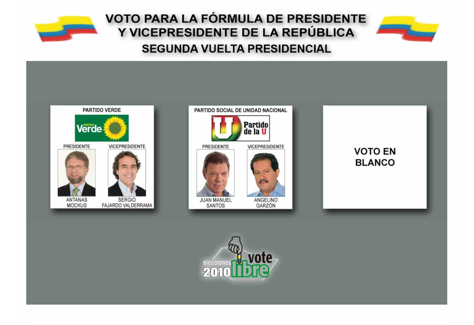 Juan Manuel Santos y Antanas Mockus llegaron a las segunda vuelta del 2010. Con la banderas del uribismo, Juan Manuel Santos se impuso con facilidad. Fue la primera vez que una candidatura alternativa llegó a ser un contendiente de peso y obligó a una segunda vuelta.