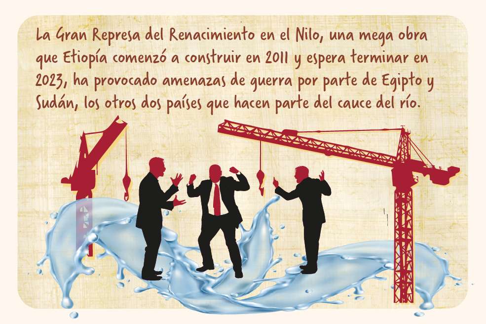 La megaobra de la Gran Represa del Renacimiento en el Nilo, que Etiopía comenzó a construir en 2011 y espera terminar en 2023, ha provocado amenazas de guerra por parte de Egipto y Sudán, los otros dos países que hacen parte del cauce del río.