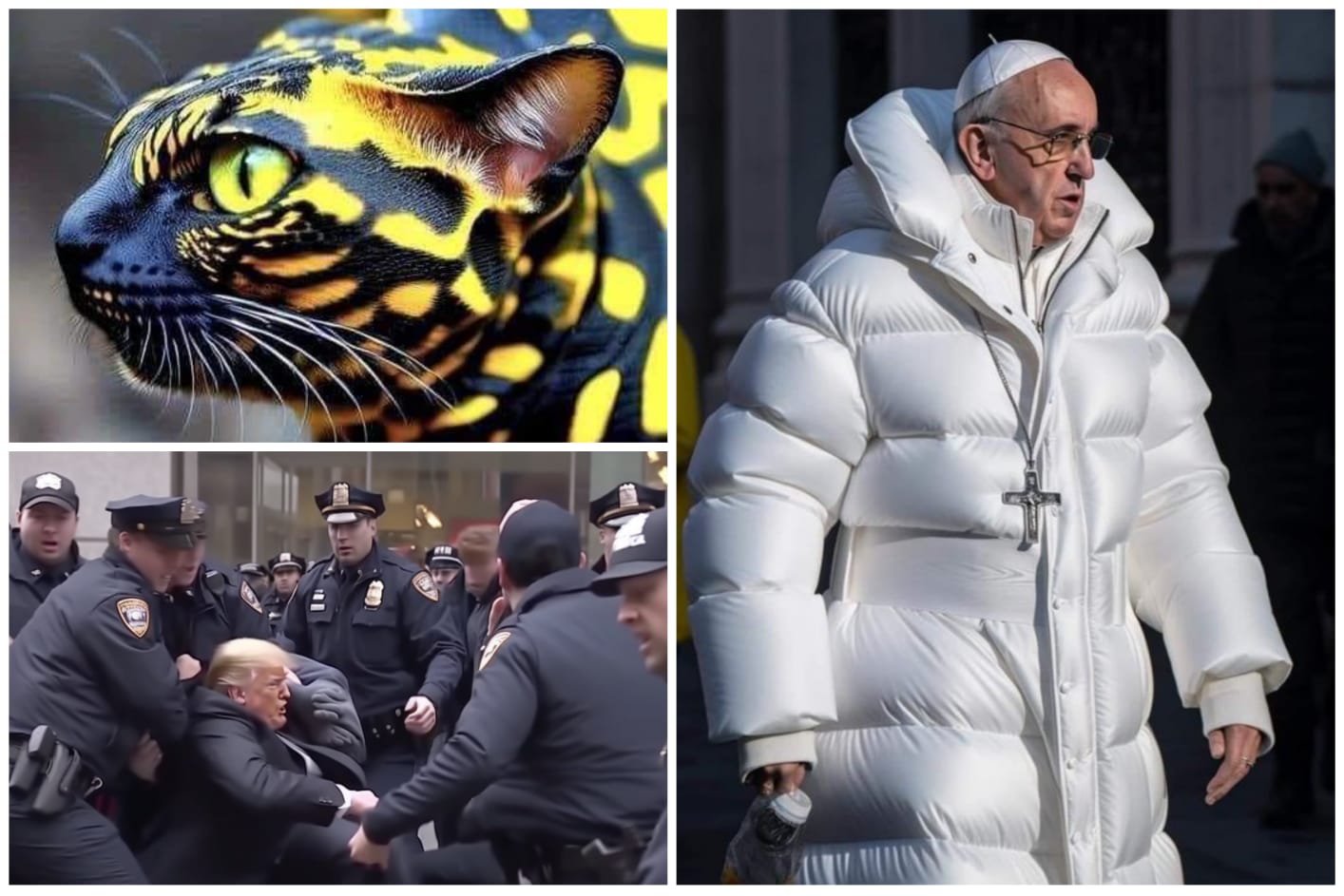 Felino serpiente, la chaqueta del papa y la captura de Donald Trump, momentos ficticios creados por una IA.