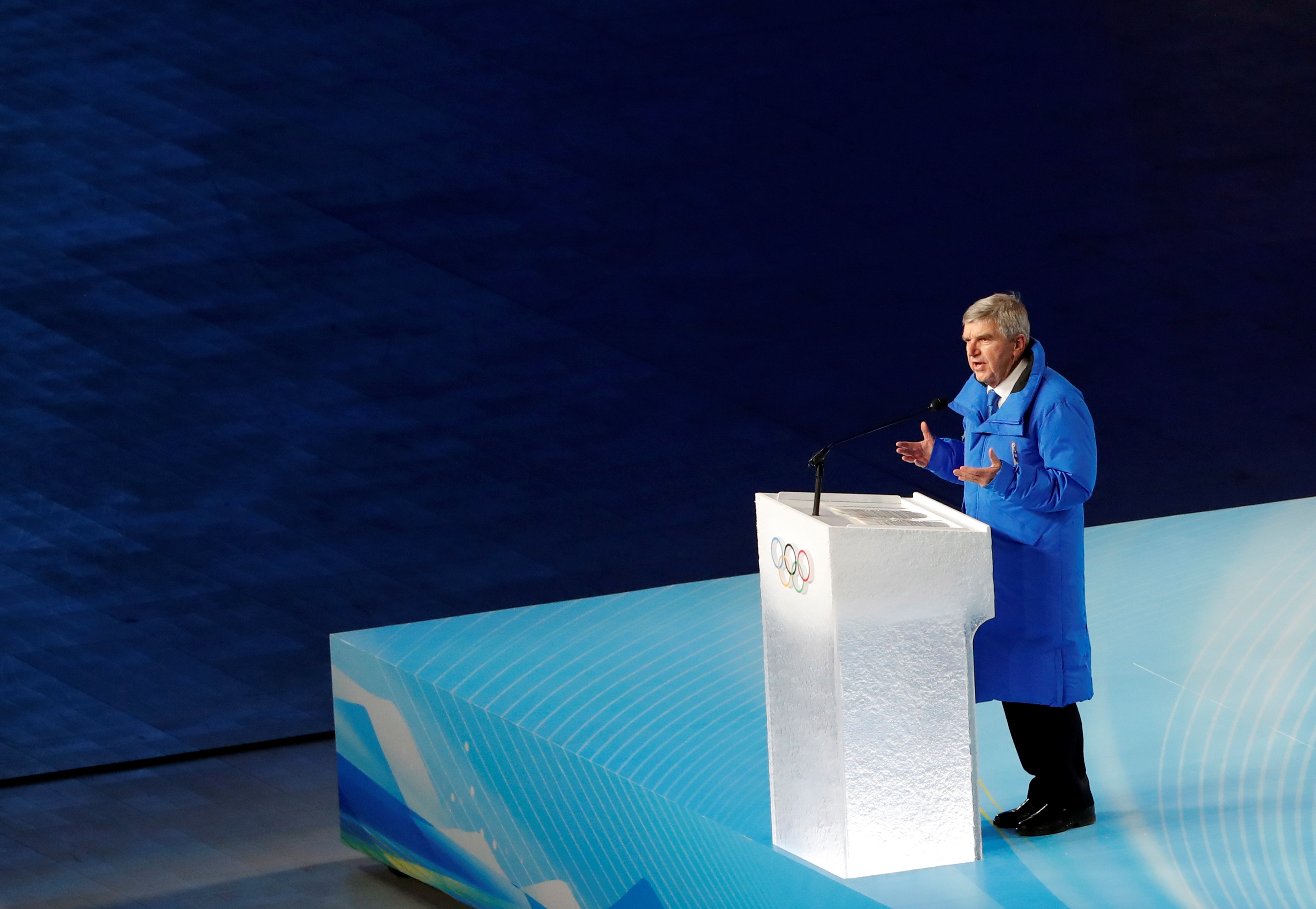 Beijing (China), 04/02/2022.- Thomas Bach, the president of the International Olympic Committee (IOC), holds a speech during the Opening Ceremony for the Beijing 2022 Olympic Games at the National Stadium, also known as Bird's Nest, in Beijing China, 04 February 2022. EFE/EPA/MARK CRISTINO