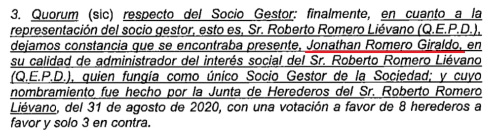 Documento en el que se evidencia que Jonathan Romero Giraldo fue nombrado en calidad de administrador del interés social de Roberto Romero Liévano, su padre.
