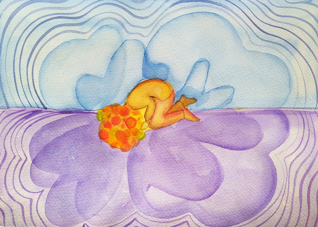 ilustración en acuarelas. Una mujer en posición fetal.