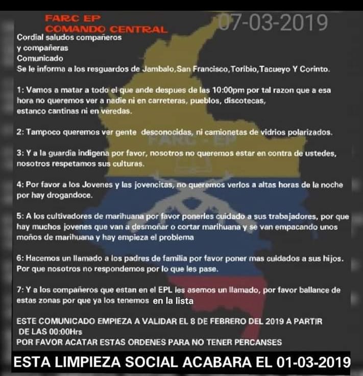 Panfleto recibido tras juzgamiento a disidentes de las Farc.CortesíaEl secretario de Gobierno del Cauca, Ricardo Cifuentes, dijo que se adelantan investigaciones sobre la autenticidad del comunicado.