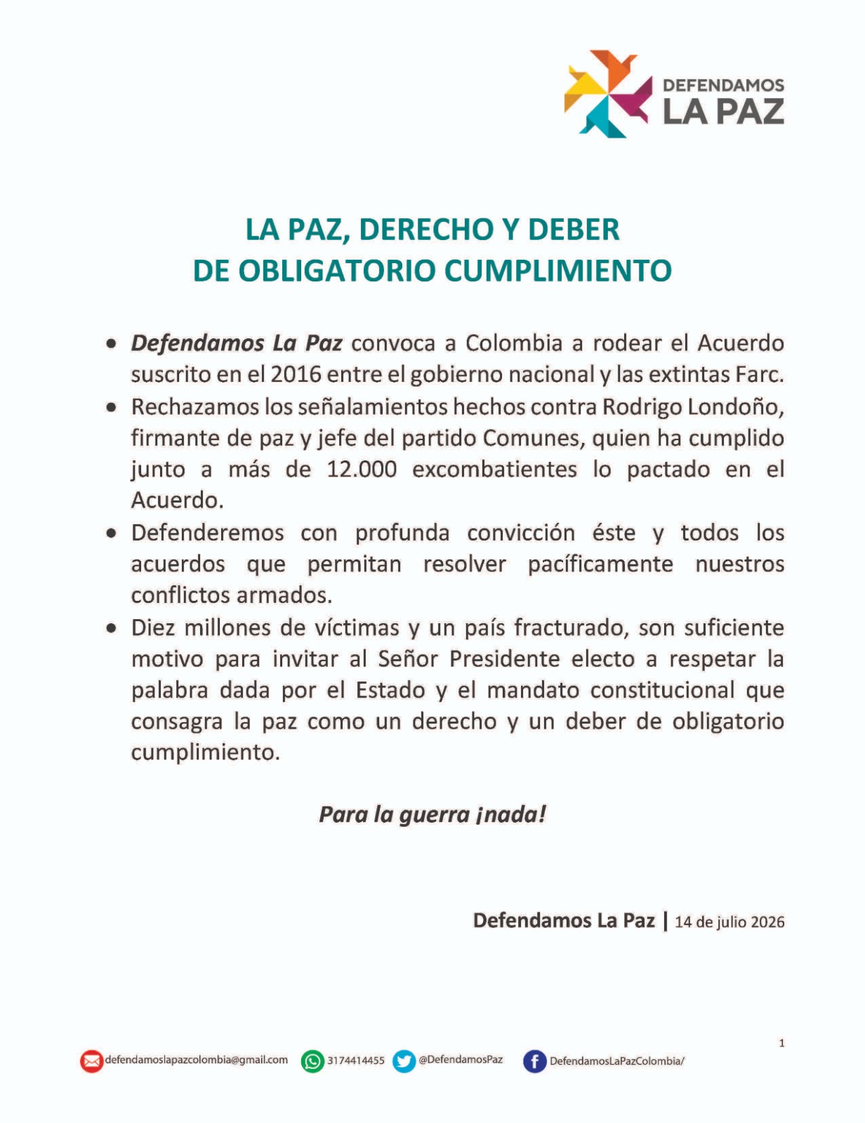 Comunicado Defendamos la Paz