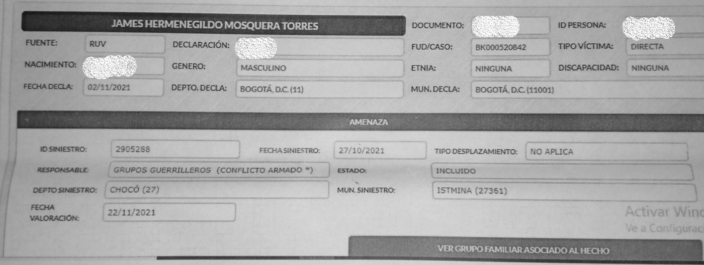 Registro de James Hermenegildo Mosquera ante la Unidad de Víctimas, donde consta la fecha de solicitud y fecha de declaratoria.