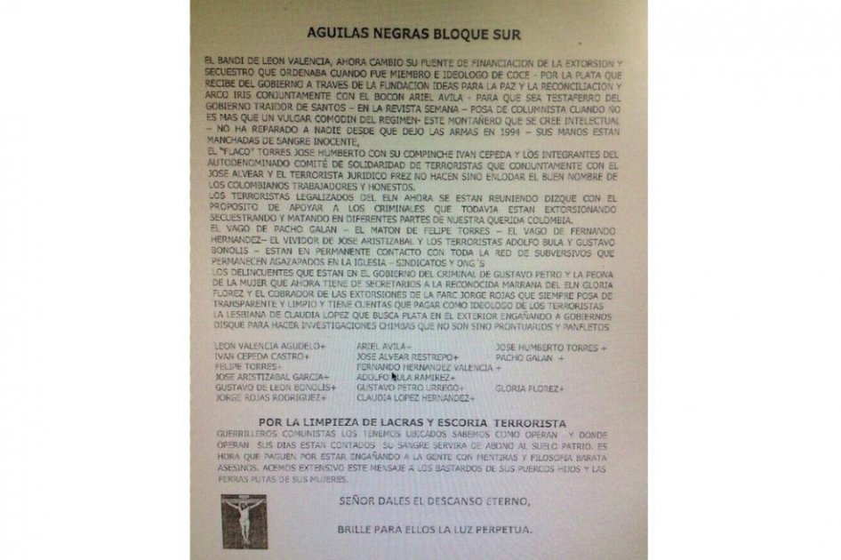 López, Petro y Cepeda, entre otros, denuncian amenaza de muerte por parte de Águilas Negras