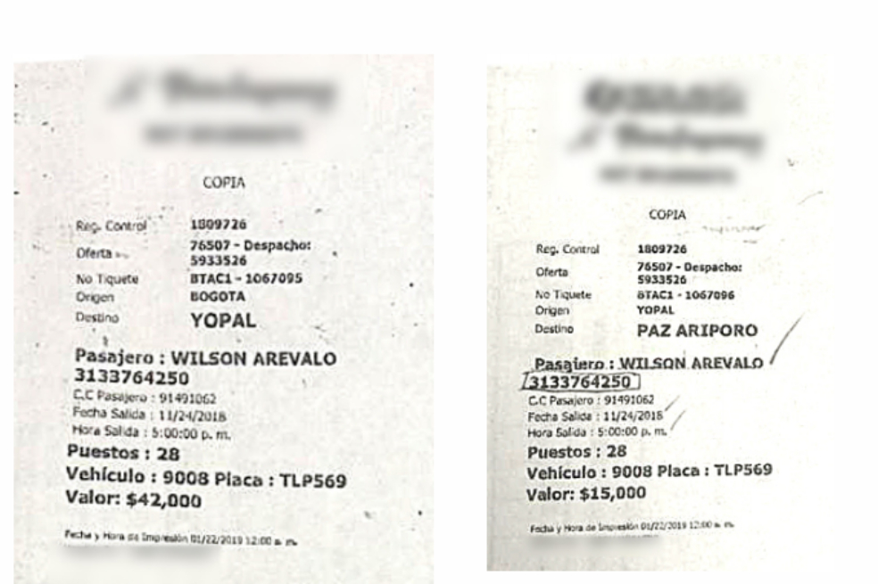 Recibos que, según la Fiscalía, comprueban que Wilson Arévalo se regresó de Bogotá a Arauca el 24 de noviembre en bus.Cortesía Fiscalia