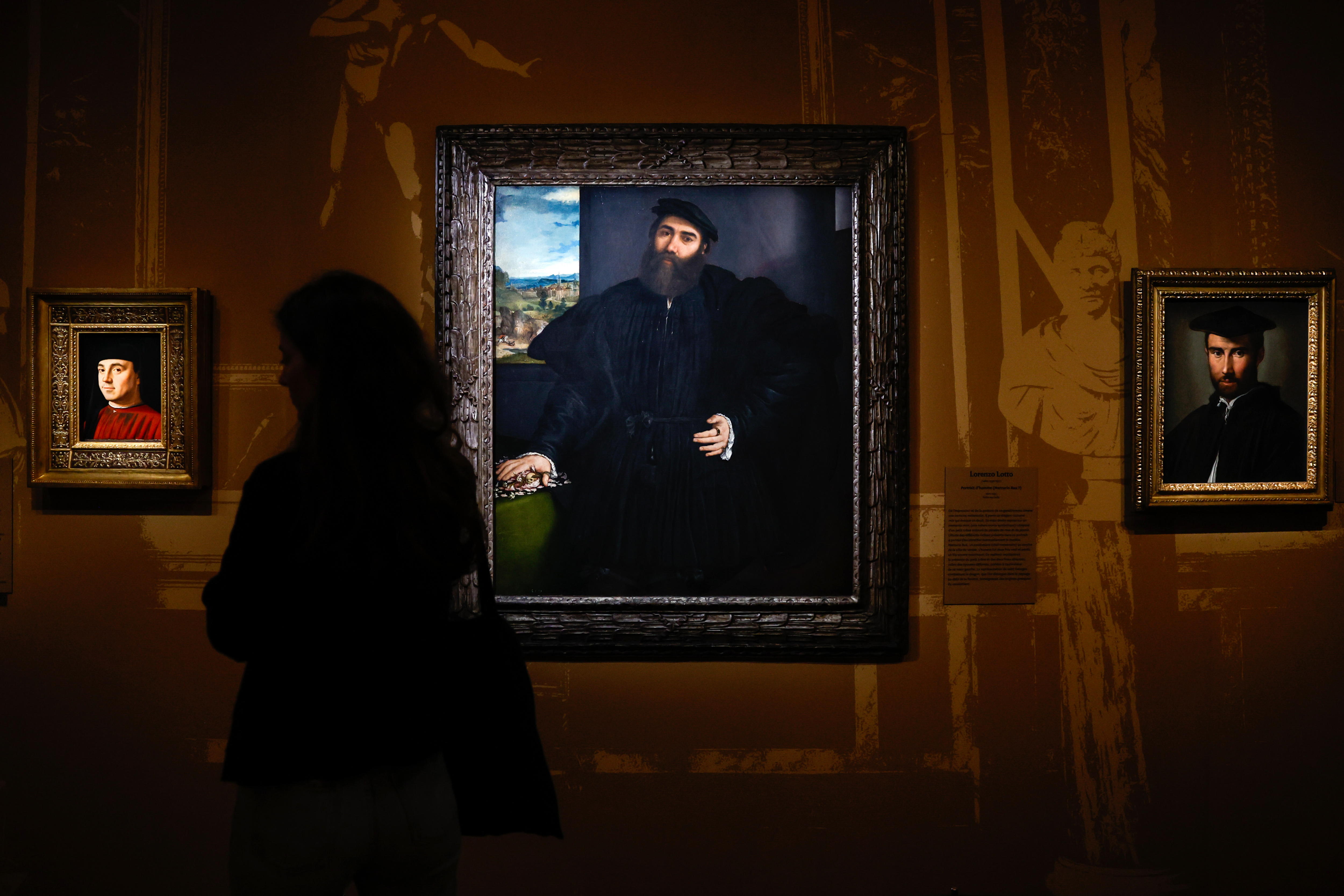 Paris (France), 05/09/2024.- The artworks titled 'Portrait of a man' by Antonello da Messina (L), 'Portrait of a Man (Mercurio Bua?)' by Lorenzo Lotto (C) and 'Portrait of a man' by Francesco Mazzola (R) are on display at Jacquemart-Andre Museum, in Paris, France, 05 September 2024. The exhibition of masterpieces from the Galleria Borghese (Chefs-díúuvre de la Galleria Borghese) runs in Jacquemart-Andre Museum from 06 September 2024 to 05 January 2025. (Francia) EFE/EPA/MOHAMMED BADRA