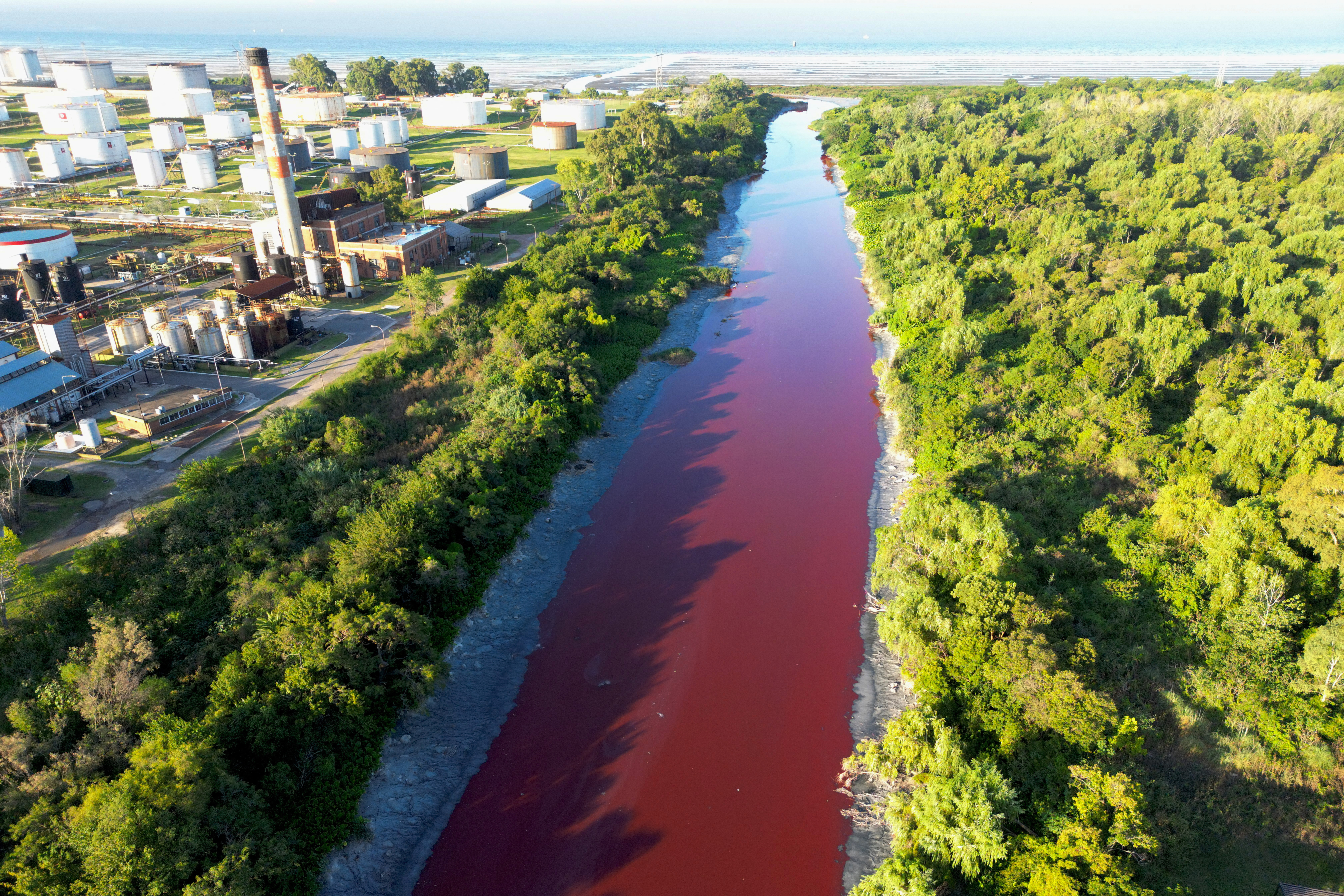 Las aguas de un arroyo de Buenos Aires bajan teñidas de rojo
