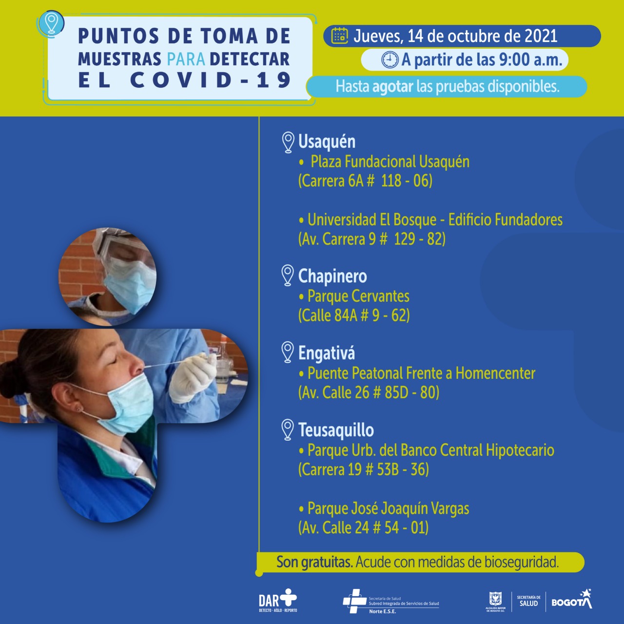 ¿Dónde hay pruebas gratuitas para Covid-19 este jueves en Bogotá?