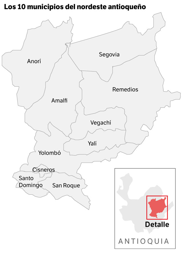 Mapa de los 10 municipios del nordeste antioqueño