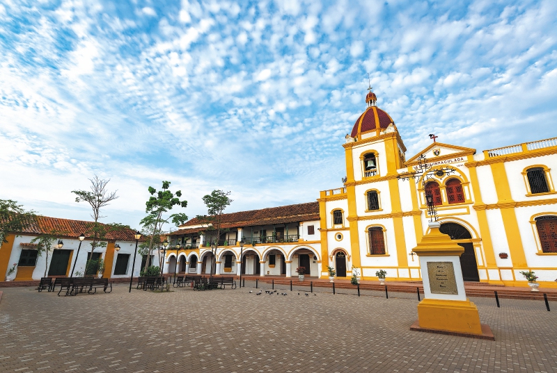 Church of the Immaculate Conception with a large plaza in Mompox, Colombia