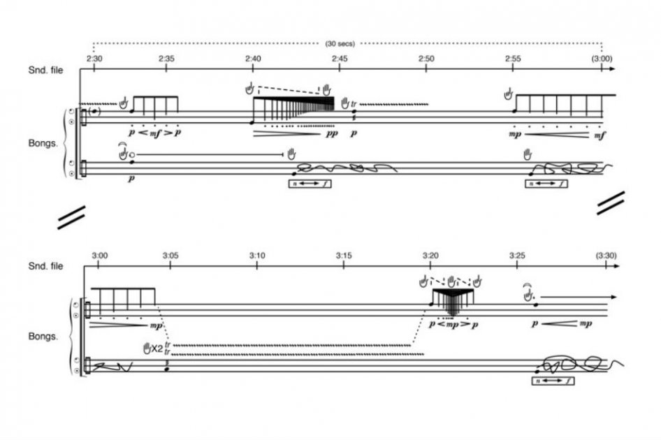 “Yuái Buinaima “Parte III de la obra musical “La historia de nosotros” (2013). Fragmento de partitura para percusión y parte electrónica en sistemas multicanal. Del compositor Jorge García Moncada. / Foto: Archivo privado Jorge García Moncada.