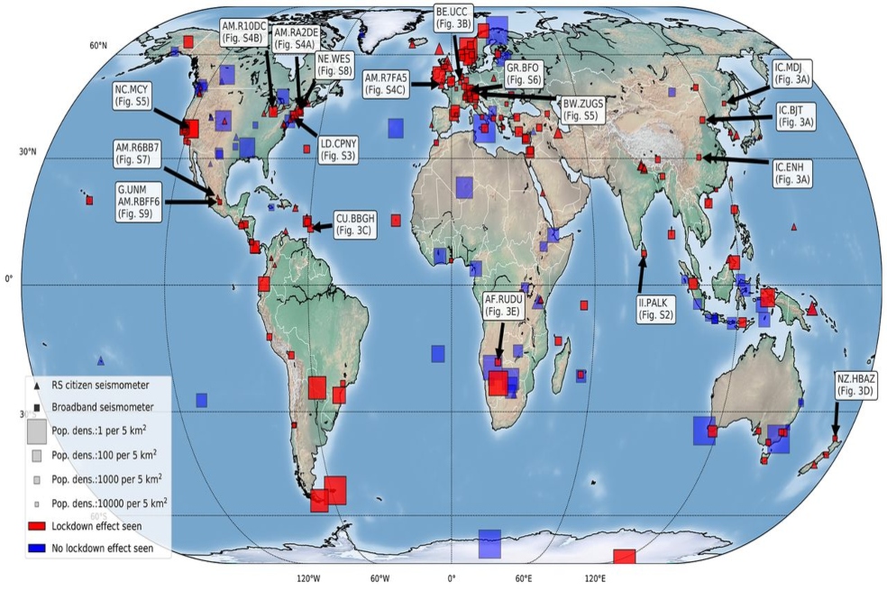 Ubicaciones mundiales de estaciones sísmicas.