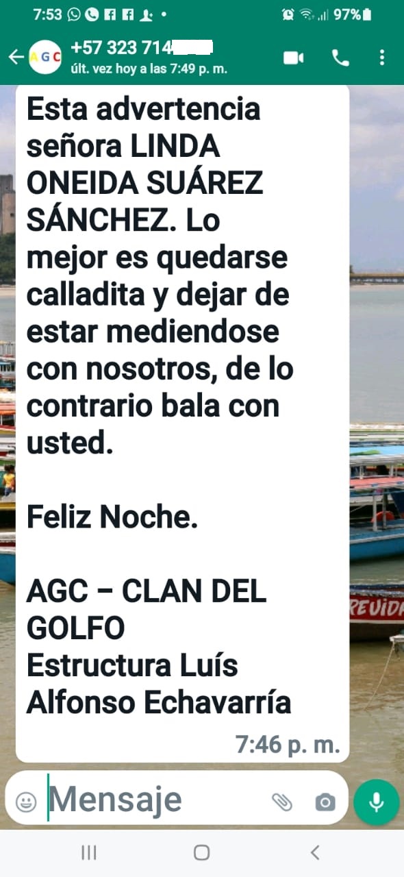 Captura de pantalla de la amenaza que recibió Oneida Suárez el paado 27 de enero.
