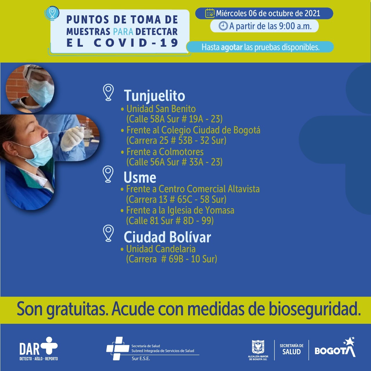 Pruebas PCR para este miércoles 6 de octubre.