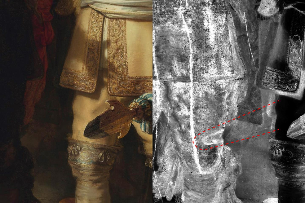 La Operación “Ronda de Noche”, que moviliza desde 2019 a un equipo internacional dentro de una vidriera que protege y visibiliza el cuadro más mítico de Rembrandt, ha dado este miércoles su primer fruto: la detección de un boceto oculto detrás de las capas de pintura, la génesis de la obra. El boceto muestra el proceso de creación que el artista remató en 1642, pero también permite al equipo internacional de científicos, restauradores y especialistas entender la obsesión de Rembrandt en busca de la perfección para su ambicioso cuadro: se conocían decenas de pentimentos, ajustes en la pintura, pero esta investigación evidencia muchos más cambios. EFE/ Rijksmuseum