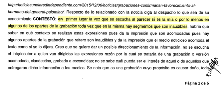 Fragmento del acta de audiencia del coronel Moreno en la que admite que la voz en los audios revelados por Noticias Uno sí es suya.