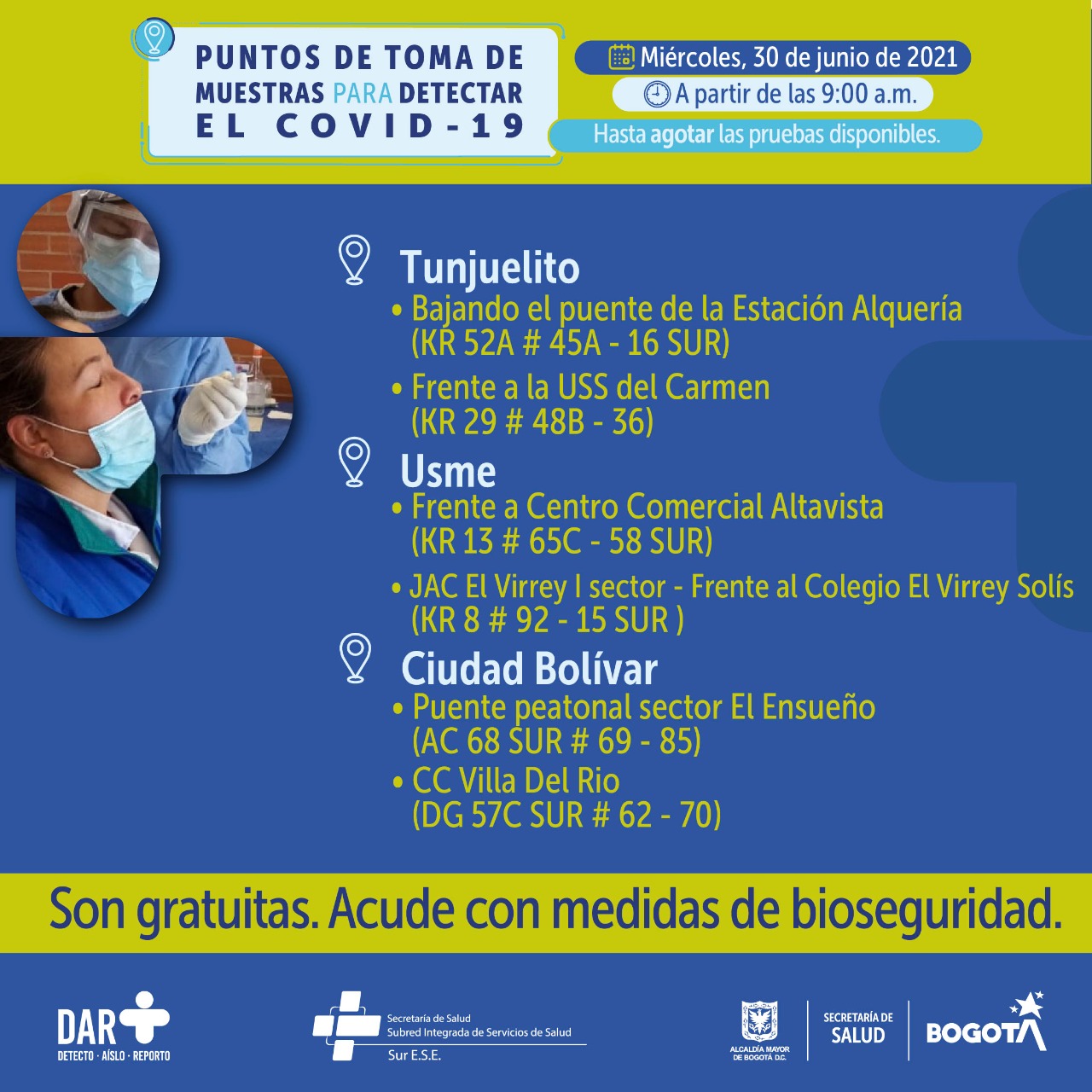 En estos puntos hay pruebas COVID-19 gratis este miércoles en Bogotá