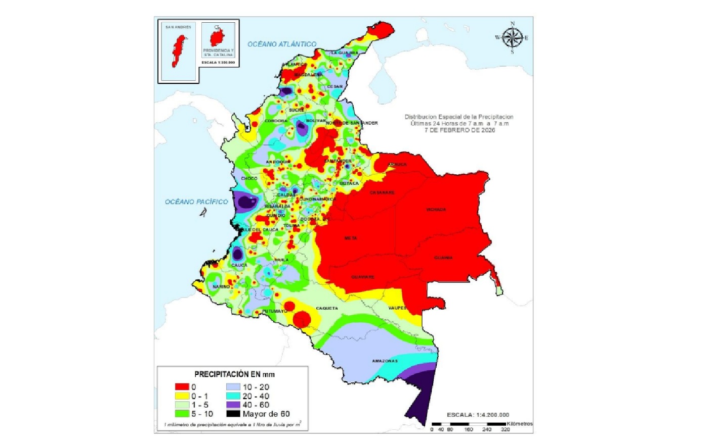Precipitaciones en las últimas 24 horas (desde las 7 a.m. del sábado hasta las 7 a.m. del domingo).