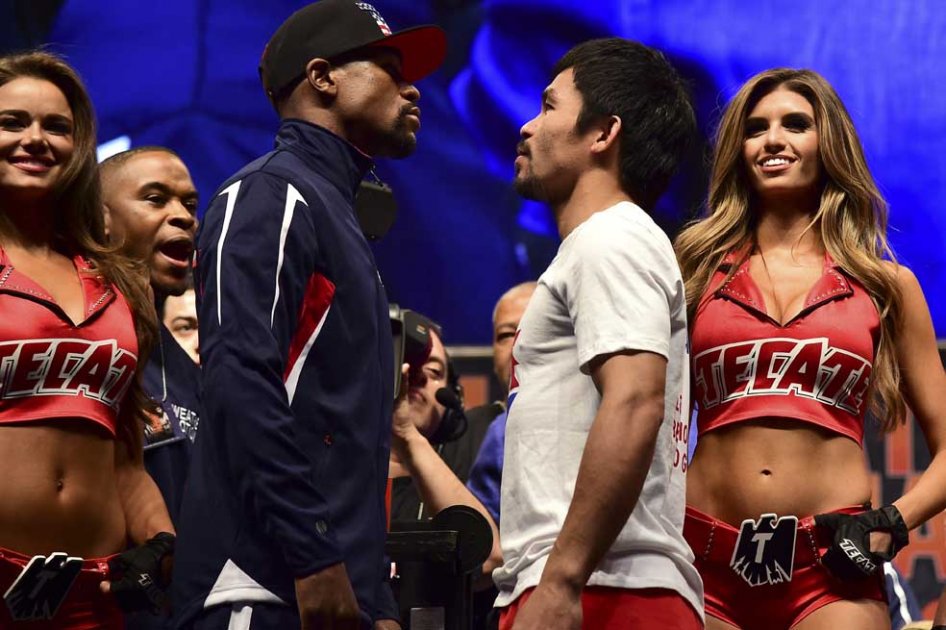 Mayweather y Pacquiao frente a frente previo al combate del siglo. Foto: AFP