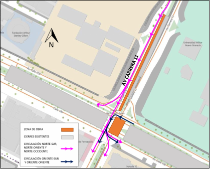 Mapa desvío calle 100 con carrera 11 para vehículos particulares y tráfico mixto.