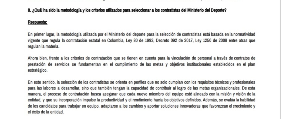 Respuesta de derecho de petición enviado al Ministerio del Deporte.