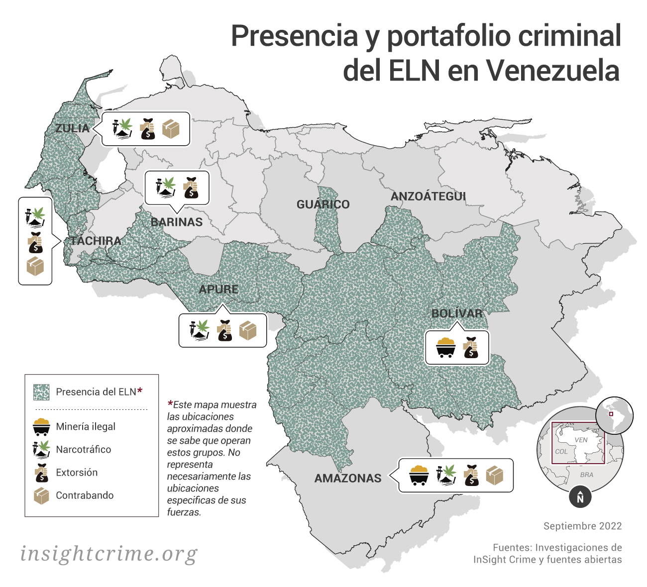 Presencia y portafolio criminal del Eln en Venezuela. Este mapa muestra las ubicaciones aproximadas donde se sabe que operan estos grupos. No representa necesariamente las ubicaciones de sus fuerzas.