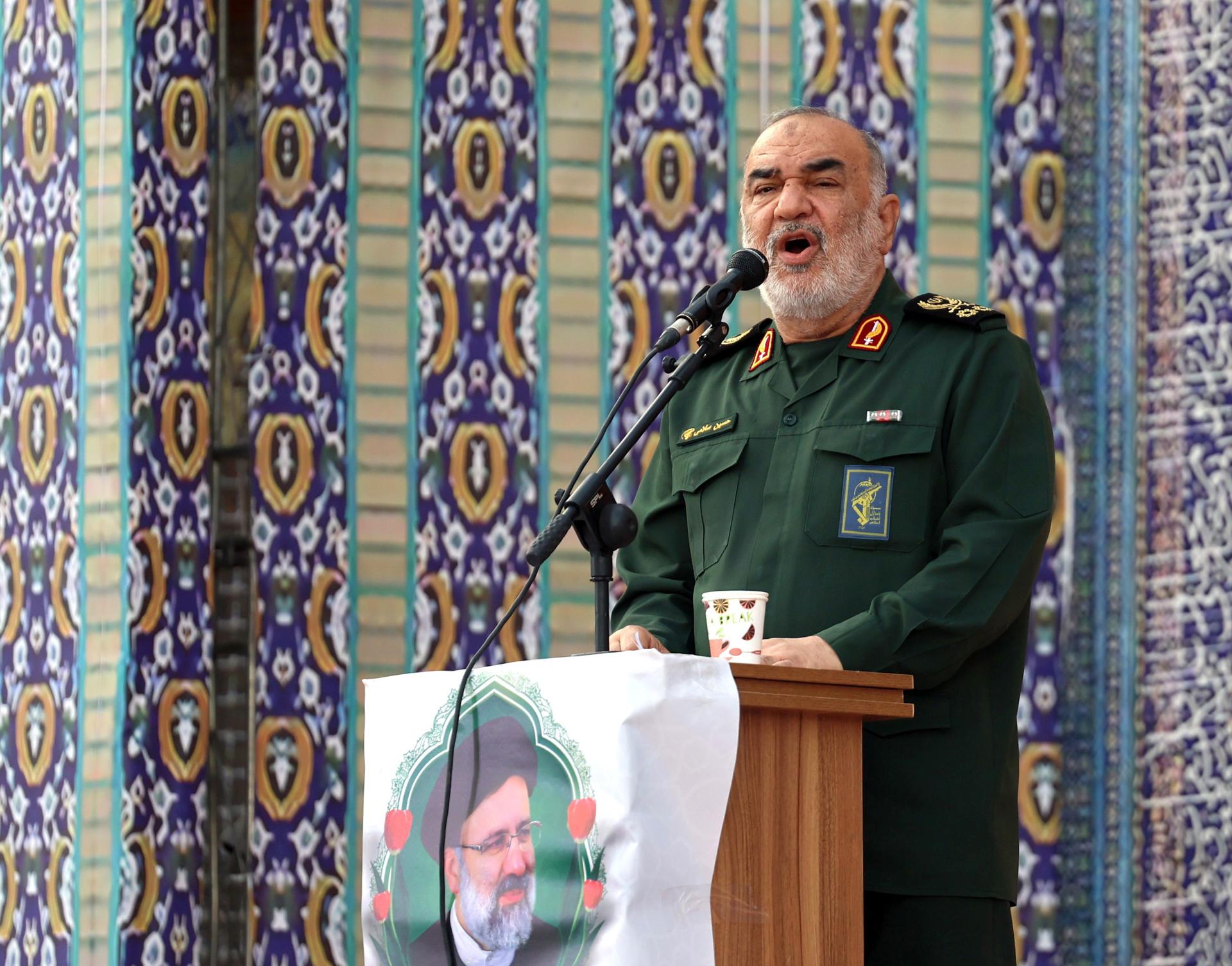 TEHRAN (Iran (Islamic Republic Of)), 13/06/2025.- (FILE) -Islamic Revolutionary Guard Corps (IRGC) head Hossein Salami delivers a speech during a ceremony marking the first death anniversary of late Iranian President Ebrahim Raisi, in Tehran, Iran, 15 May 2025 (re-issued 13 June 2025). IRGC Commander Hossein Salami has been killed in an Israeli strike, according to Iranian State media. (Teherán) EFE/EPA/ABEDIN TAHERKENAREH