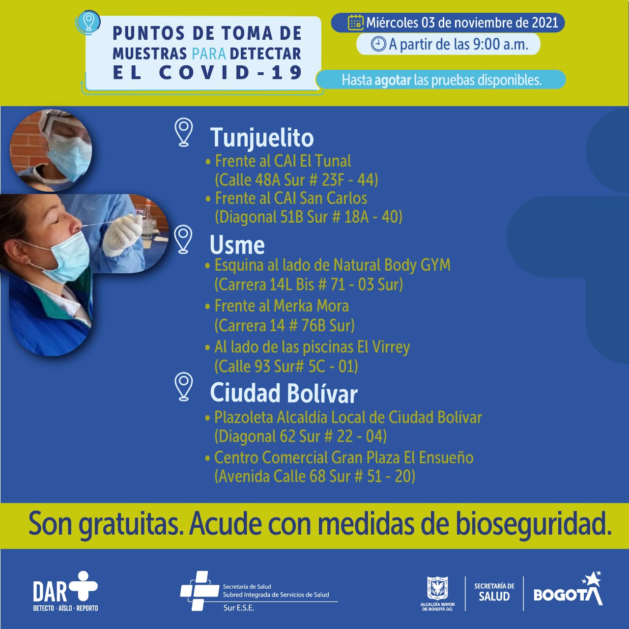 ¿Dónde hay pruebas gratuitas para Covid-19 este miércoles en Bogotá?