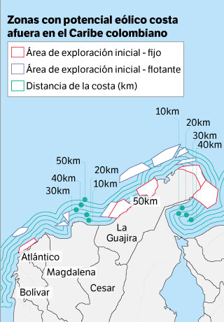 En este mapa, elaborado a partir de la información de la hoja de ruta de la energía eólica costa afuera en Colombia, se identifican las zonas con potencial para desarrollar proyectos de este tipo.