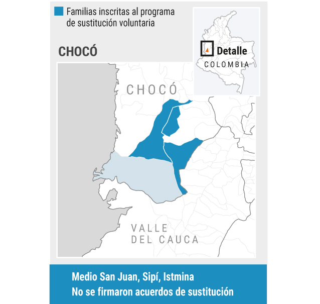 Este miércoles 15 de abril, el Consejo Comunitario General del San Juan (Acadesan), que está ubicado en la subregión del río San Juan, entre Chocó y Valle del Cauca, denunció la erradicación forzada y la fumigación terrestre de sus cultivos de coca, que ejecutaron miembros de la Fuerza Pública descargados desde helicópteros. Los operativos empezaron a partir del sábado 11 de abril.